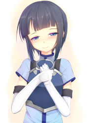 Rule 34 | 10s, 1girl, armor, black hair, blue eyes, blush, breastplate, elbow gloves, gloves, highres, jougen, looking at viewer, mole, mole under eye, sachi (sao), simple background, smile, solo, sword art online, white background, white gloves