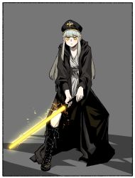 Rule 34 | 1girl, black hat, boots, border, closed mouth, commentary, cross-laced footwear, empty eyes, energy sword, english commentary, full body, gogalking, grey background, grey hair, hat, highres, holding, holding lightsaber, holding sword, holding weapon, hood, hood down, hooded robe, jedi, junior (gogalking), knee boots, lightsaber, long hair, military hat, no pupils, orange eyes, original, robe, solo, star wars, sword, two-handed, v-shaped eyebrows, weapon, white border, wide-eyed, yellow lightsaber