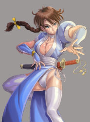 Rule 34 | 1girl, armycom, blue eyes, braid, breasts, brown hair, cleavage, dead or alive, kasumi (doa), large breasts, pelvic curtain, sheath, sheathed, single braid, solo, sword, tecmo, thighhighs, weapon