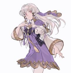 Rule 34 | 1girl, brooch, choker, dress, fingernails, fire emblem, fire emblem: three houses, gold trim, hair ornament, hair tie, highres, jewelry, long hair, looking at viewer, lysithea von ordelia, mimulishizi, nintendo, pantyhose, pink eyes, puffy sleeves, purple dress, red eyes, solo, tassel, tassel hair ornament, white background, white hair, white sleeves