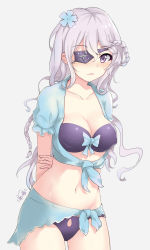 Rule 34 | 1girl, absurdres, arms behind back, artist name, bad id, bad pixiv id, bikini, blue bow, blue shirt, bow, bow bikini, braid, breasts, cameltoe, cleavage, collarbone, covered erect nipples, cowboy shot, eyepatch, flower, gluteal fold, grey background, hair between eyes, hair flower, hair ornament, hair over shoulder, highres, holding own arm, large breasts, long hair, looking at viewer, navel, one eye covered, open mouth, puffy sleeves, purple bikini, purple eyes, purple hair, sarong, shirt, short sleeves, sidelocks, sirius (warship girls r), solo, standing, star (symbol), swimsuit, tied shirt, warship girls r, zhudacaimiao