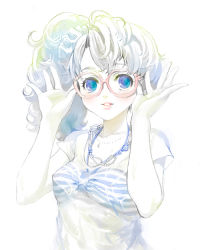Rule 34 | 1girl, adjusting eyewear, bad id, bad pixiv id, blue eyes, blush, curly hair, glasses, jewelry, lips, messy hair, necklace, original, sage joh, shirt, side ponytail, solo, striped, t-shirt, upper body, wet, wet clothes, white hair
