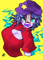 Rule 34 | 1girl, absurdres, blue eyes, blue hair, blush, breasts, cabbie hat, cleavage, cleavage cutout, clothing cutout, colored skin, commentary request, hat, hat ornament, highres, jiangshi, leaf st, lower teeth only, medium breasts, medium hair, miyako yoshika, open mouth, purple hat, purple skin, red shirt, sharp teeth, shirt, short sleeves, solo, star (symbol), star hat ornament, teeth, touhou, uneven eyes, upper body, wavy hair, yellow background