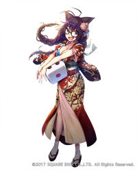 Rule 34 | 1girl, animal ears, antenna hair, bikini, bikini top only, braid, breasts, brown hair, cat ears, cleavage, dice, full body, glasses, hair ornament, highres, japanese clothes, kimono, large breasts, long hair, looking at viewer, mappaninatta, obi, official art, open mouth, purple eyes, sash, short sleeves, solo, standing, swimsuit, tabi, twin braids, venus rumble, watermark, white background