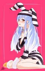 Rule 34 | 1girl, animal ears, between legs, black dress, black hat, blue hair, blurry, blush, chain, collar, commentary, cuffs, depth of field, don-chan (usada pekora), dress, ear down, foot out of frame, fur-trimmed footwear, fur scarf, fur trim, hair between eyes, half updo, hand between legs, hat, highres, hololive, light blue hair, long hair, looking at viewer, multicolored hair, off-shoulder dress, off shoulder, official alternate costume, open mouth, pink background, prison clothes, rabbit ears, red eyes, rinfamm, shackles, shirt, short dress, side slit, sidelocks, signature, simple background, sitting, solo, streaked hair, striped clothes, striped dress, striped headwear, striped shirt, symbol-shaped pupils, thick eyebrows, thighs, twintails, twitter username, two-tone dress, two-tone hair, two-tone headwear, usada pekora, usada pekora (prisoner), virtual youtuber, wariza, white dress, white hair, white hat