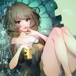 Rule 34 | 10s, 1girl, ahoge, alcohol, bare legs, bare shoulders, beer, beer can, blue eyes, breasts, brown hair, can, cleavage, collarbone, drink can, english text, fingers to mouth, fringe trim, garam, green eyes, heterochromia, holding, holding can, idolmaster, idolmaster cinderella girls, long legs, looking at viewer, medium breasts, mole, mole under eye, nail polish, off shoulder, open mouth, pillow, short hair, short shorts, shorts, solo, sparkle, takagaki kaede, text focus, thighs