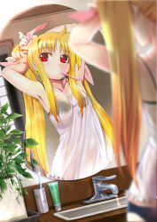 Rule 34 | 00s, 1girl, adjusting hair, ahoge, armpits, arms up, bathroom, black bra, black panties, blonde hair, blurry, bow, bra, breasts, brushing teeth, camisole, depth of field, dutch angle, fate testarossa, hair bow, long hair, lyrical nanoha, mahou shoujo lyrical nanoha, mikazuki akira!, mirror, mouth hold, panties, plant, potted plant, red eyes, reflection, see-through, sink, small breasts, solo, toothbrush, toothpaste, twintails, underwear, very long hair, water