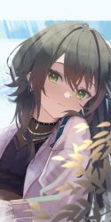 Rule 34 | 1girl, black shirt, blurry, blurry foreground, blush, chain, chain necklace, close-up, closed mouth, commentary request, earrings, esuma gt, gakuen idolmaster, green eyes, green hair, hair between eyes, highres, idolmaster, jacket, jewelry, long hair, looking at viewer, necklace, plant, shirt, solo, tsukimura temari, upper body, white jacket