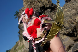 Rule 34 | 1girl, bow (weapon), breasts, captain liliana, captain liliana (cosplay), chouzuki maryou, cosplay, crossbow, hat, large breasts, photo (medium), pink hair, pirate, pirate hat, plump, purple eyes, queen&#039;s blade, queen&#039;s blade lost worlds, queen&#039;s blade rebellion, weapon