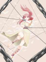 Rule 34 | 1girl, ankle lace-up, bad id, bad pixiv id, barefoot, chain, cross-laced footwear, cuffs, dress, feet, jewelry, magi the labyrinth of magic, morgiana, necklace, red hair, sasasayama, shackled, shackles, solo, toes, white dress