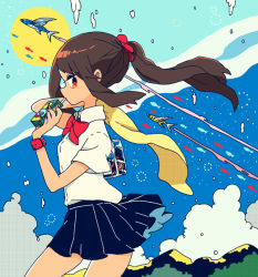 Rule 34 | 1girl, arched back, asian kung-fu generation, blue sky, brown hair, cloud, drinking, fish, flying fish, juice box, kurokeisin, long hair, looking at viewer, mountain, neck ribbon, original, pleated skirt, ponytail, profile, red eyes, ribbon, school uniform, scrunchie, short sleeves, skirt, sky, solo, standing, sun, wristband