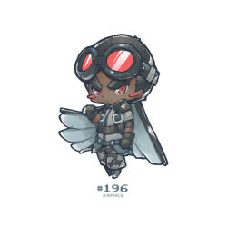 Rule 34 | 1boy, animification, artist name, black hair, blush, boots, brown eyes, chibi, dark-skinned male, dark skin, gloves, goggles, goggles on head, jrpencil, male focus, marvel, mechanical wings, metal wings, sam wilson, simple background, solo, the falcon, white background, wings