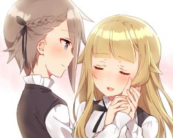 Rule 34 | 2girls, :d, ange (princess principal), black dress, black ribbon, blonde hair, blouse, blue eyes, blunt bangs, blush, braid, closed eyes, closed mouth, commentary request, couple, dress, gradient background, grey hair, hair between eyes, hair flaps, hair ornament, hair ribbon, hand on another&#039;s cheek, hand on another&#039;s face, happy, highres, holding hands, light smile, long hair, long sleeves, looking at another, multiple girls, neck ribbon, open mouth, pink background, princess (princess principal), princess principal, profile, ribbon, school uniform, shirt, short hair, side braid, sidelocks, sideways mouth, simple background, sleeve cuffs, sleeveless, sleeveless dress, smile, sorimachi-doufu, standing, tsurime, upper body, white background, white shirt, yuri