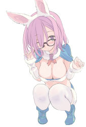 Rule 34 | 1girl, :o, animal ears, black-framed eyewear, blade (galaxist), blue capelet, blue eyes, blue footwear, bob cut, boots, breasts, capelet, cleavage, fake animal ears, fate/grand order, fate (series), glasses, hair over one eye, hands up, highres, large breasts, looking at viewer, mash kyrielight, medium hair, neckerchief, one eye covered, parted lips, pink hair, rabbit ears, red neckerchief, simple background, solo, squatting, thighhighs, white background, white thighhighs