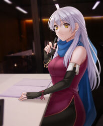 Rule 34 | 1girl, absurdres, bare shoulders, black gloves, black pantyhose, blue scarf, breasts, commentary request, dress, elbow gloves, fingerless gloves, fire emblem, fire emblem: radiant dawn, gloves, hair between eyes, hand up, hazuki (nyorosuke), highres, holding, holding pen, indoors, large breasts, long hair, looking at viewer, micaiah (fire emblem), nintendo, notebook, pantyhose, pen, purple dress, scarf, sleeveless, sleeveless dress, smile, solo, white hair, yellow eyes