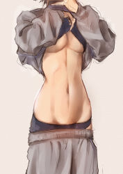 Rule 34 | 1girl, absurdres, akuto (akuto desu), black panties, breasts, clothes lift, clothes pull, grey background, highres, lifting own clothes, navel, no bra, original, panties, pants, pants pull, shirt lift, simple background, small breasts, solo, standing, sweater, underboob, underwear