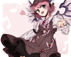 Rule 34 | 1girl, animal ears, beamed eighth notes, beamed sixteenth notes, bird ears, bird wings, blush, brown dress, brown eyes, brown headwear, cowboy shot, dress, earrings, eighth note, fingernails, frilled dress, frills, heart, highres, ichirugi, jewelry, juliet sleeves, long fingernails, long sleeves, musical note, mystia lorelei, nail polish, open mouth, pink hair, puffy sleeves, purple nails, sharp fingernails, short hair, smile, solo, touhou, white wings, winged hat, wings
