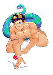 Rule 34 | 1boy, absurdres, anaconda boy, arknights, bara, bulge, character request, check copyright, commentary request, copyright request, english text, facial hair, flower bracelet, full body, goggles, goggles on head, grey male swimwear, highres, long sideburns, looking at viewer, male focus, male swimwear, modachai (weibo5622674859), multicolored hair, muscular, muscular male, nipples, pectoral squeeze, pectorals, pink pupils, purple hair, short hair, sideburns, sideburns stubble, snake tail, solo, streaked hair, stubble, swim briefs, tail, thick thighs, thighs, topless male, wet