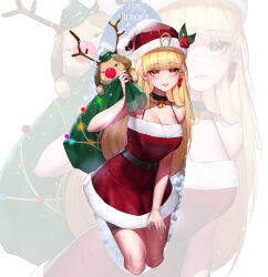Rule 34 | 1girl, absurdres, ahoge, antlers, bare shoulders, bell, black choker, blonde hair, blunt bangs, breasts, character name, choker, christmas, christmas ornaments, cleavage, clown nose, cropped legs, ddonggangaji (jingburger), dog, dress, earrings, fake antlers, fur-trimmed dress, fur-trimmed headwear, fur trim, gift, hat, heart, heart earrings, highres, holding, holding sack, horns, jewelry, jingburger, jingle bell, large breasts, leaning forward, long hair, looking at viewer, mole, mole on breast, mole on thigh, neck bell, parted lips, red dress, red eyes, red nose, reindeer antlers, sack, santa dress, santa hat, short dress, single earring, snow, solo, spaghetti strap, strapless, strapless dress, thigh strap, thighs, tube dress, very long hair, virtual youtuber, waktaverse, yeon do e