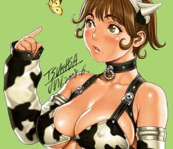 Rule 34 | 1girl, animal ears, animal print, arm up, bikini, blush, breasts, brown eyes, brown hair, bug, butterfly, cleavage, collar, covered erect nipples, cow ears, cow girl, cow print, cow print bikini, cow print sleeves, detached sleeves, fake animal ears, hairband, hanako (tsukasa jun), horns, insect, jpeg artifacts, large breasts, lowres, mature female, mole, mole under mouth, navel, open mouth, original, pointing, print bikini, profile, short hair, sideboob, signature, simple background, solo, swimsuit, tsukasa jun, upper body
