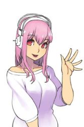 Rule 34 | 1girl, breasts, headphones, large breasts, long hair, looking at viewer, nitroplus, open hand, open mouth, pink eyes, pink hair, smile, solo, super sonico, sweater, yuksi