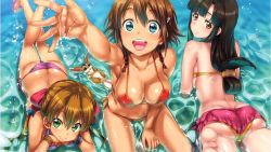 Rule 34 | 10s, 3girls, :d, amy (suisei no gargantia), animal, arm up, ass, bare shoulders, barefoot, bikini, bikini skirt, blunt bangs, bracelet, braid, breasts, brown eyes, brown hair, butt crack, cleavage, collarbone, covered erect nipples, end card, eyecatch, feet, foreshortening, green eyes, hair ornament, hairclip, head rest, highres, hisasi, jewelry, long hair, looking at viewer, looking back, lying, melty (suisei no gargantia), multiple girls, navel, official art, on stomach, open mouth, outstretched hand, partially submerged, purple bikini, red bikini, saaya (suisei no gargantia), sandals, screencap, short hair, side-tie bikini bottom, sitting, skindentation, smile, soles, splashing, string bikini, suisei no gargantia, swimsuit, twin braids, twintails, water, wet, yellow bikini