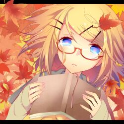 Rule 34 | 1girl, absurdres, alternate costume, autumn, autumn leaves, bespectacled, blonde hair, blue eyes, book, brown cardigan, cardigan, expressionless, fingernails, from above, glasses, grey sailor collar, hair ornament, hairclip, highres, holding, holding book, kagamine rin, leaf, letterboxed, long sleeves, lying, maple leaf, neckerchief, on back, open book, parted lips, pink nails, red-framed eyewear, sailor collar, semi-rimless eyewear, short hair, solo, temari (deae), third-party source, triangle, under-rim eyewear, upper body, vocaloid, yellow neckerchief