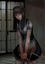 Rule 34 | 1girl, :d, black hair, blood, blood on clothes, blood on hands, blush, commentary, dress, hacksaw, highres, jittsu, long hair, looking at viewer, maid, maid headdress, open mouth, original, revision, saw, smile, solo, teeth, yandere