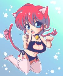 Rule 34 | 1girl, animal ears, bell, blue eyes, bow, breasts, cat cutout, cat ears, cat girl, cat lingerie, cat tail, choker, cleavage, cleavage cutout, clothing cutout, large breasts, long hair, meme attire, open mouth, panties, ponytail, ranma-chan, ranma 1/2, red hair, saotome ranma, side-tie panties, solo, star (symbol), tail, thighhighs, uehara doh, underwear