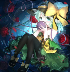Rule 34 | 1girl, aqua eyes, bare shoulders, black thighhighs, bow, collarbone, covering own mouth, floral print, flower, hat, hat bow, highres, komeiji koishi, looking at viewer, md5 mismatch, off shoulder, petals, plant, qys3, red flower, red rose, resolution mismatch, rose, shirt, silver hair, sitting, skirt, solo, source larger, thighhighs, third eye, touhou, vines