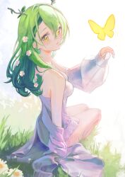 Rule 34 | 1girl, absurdres, antlers, bare legs, besi (besidoesart), braid, bug, butterfly, camisole, ceres fauna, flower, french braid, grass, green hair, green nails, hair flower, hair ornament, highres, hololive, hololive english, horns, insect, leaf, long hair, looking at viewer, looking back, mole, mole under eye, nail polish, off shoulder, parted lips, sitting, virtual youtuber, yellow eyes