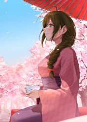 Rule 34 | 1girl, absurdres, ahoge, blush, breasts, brown hair, cherry blossoms, cup, falling petals, highres, holding, holding cup, idolmaster, idolmaster shiny colors, japanese clothes, kaiso (kaisooekaki), kimono, kuwayama chiyuki, large breasts, looking afar, outdoors, petals, pink kimono, profile, smile