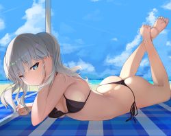 Rule 34 | 1girl, ass, barefoot, beach, bikini, black bikini, blue eyes, blue sky, blush, breasts, closed mouth, day, feet up, grey hair, hair between eyes, inushi, kantai collection, kashima (kancolle), looking at viewer, lying, medium breasts, ocean, on stomach, outdoors, sky, smile, soles, solo, swimsuit, thong bikini