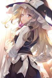 Rule 34 | 1girl, apron, black dress, blonde hair, bow, braid, closed mouth, dress, eyelashes, hair bow, hat, hat bow, highres, kirisame marisa, long hair, long sleeves, looking at viewer, looking back, oborofu, smile, solo, standing, touhou, white bow, witch hat, yellow eyes