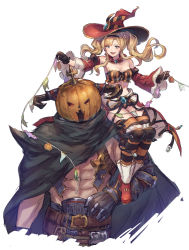 Rule 34 | 1boy, 1girl, abs, bandeau, belt, black gloves, blonde hair, breasts, bunting, cape, cleavage, commentary request, covered face, cropped legs, detached sleeves, gauntlets, gloves, granblue fantasy, hairband, hat, highres, horns, jack-o&#039;-lantern, long hair, medium breasts, open mouth, pumpkin hat, red footwear, shimatani azu, simple background, sitting on shoulder, striped clothes, striped thighhighs, thighhighs, twintails, upper body, vaseraga, white background, witch hat, zeta (granblue fantasy), zeta (halloween) (granblue fantasy)