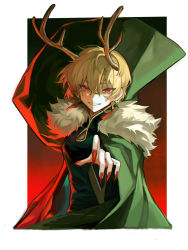 Rule 34 | 1girl, alternate costume, antlers, bad id, bad pixiv id, blonde hair, border, cape, china dress, chinese clothes, commentary, dress, earrings, fingernails, fur-trimmed cape, fur trim, green cape, green dress, hair between eyes, highres, horns, jewelry, kicchou yachie, long fingernails, looking at viewer, nail polish, outside border, parted lips, reaching, reaching towards viewer, red eyes, red nails, shaded face, sharp fingernails, short hair, smile, solo, teeth, tokinhr, touhou, tsurime, upper body, very long fingernails, white border