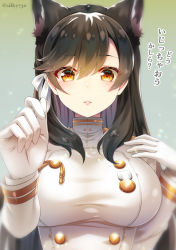 Rule 34 | 1girl, animal ears, atago (azur lane), azur lane, brown eyes, brown hair, gloves, hair between eyes, highres, impossible clothes, long hair, looking at viewer, ribbon, silky (silky alice), solo, translation request, uniform, white gloves, white ribbon