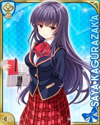 Rule 34 | 1girl, blue background, card, character name, clipboard, closed mouth, girlfriend (kari), grey leggings, holding, jacket, kagurazaka saya, leggings, loafers, long hair, long sleeves, looking at viewer, official art, plaid, plaid skirt, pleated skirt, purple hair, qp:flapper, red eyes, shoes, skirt, smile, solo