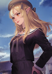 Rule 34 | 1girl, beret, black choker, black hat, blonde hair, blue sky, braid, choker, cloud, commentary, crown braid, day, hand on own hip, hat, highres, hololive, long hair, long sleeves, looking away, multicolored hair, orange eyes, outdoors, pointy ears, red lips, shiranui flare, shiranui flare (street), sky, solo, takami masahiro, two-tone hair, virtual youtuber, white hair