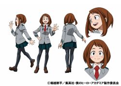Rule 34 | 1girl, boku no hero academia, brown eyes, brown hair, clothes, female focus, full body, jacket, long hair, looking at viewer, necktie, open mouth, school uniform, shirt, shoes, simple background, skirt, smile, socks, solo, standing, thighhighs, uraraka ochako, white background
