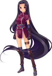 Rule 34 | 1girl, absurdly long hair, absurdres, black hair, blue legwear, elbow gloves, full body, game cg, gloves, highres, hikage eiji, koihime musou, long hair, looking at viewer, red eyes, sandals, short sleeves, shuutai, smile, solo, standing, thigh strap, transparent background, very long hair