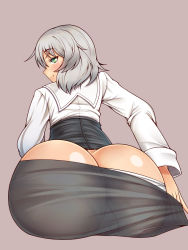 Rule 34 | 1girl, ass, black pantyhose, black skirt, blush, butt crack, cameltoe, closed mouth, from behind, green eyes, grey background, grey hair, highres, kouyama ritsu, looking at viewer, looking back, military, military uniform, miniskirt, panties, pantyhose, sanya v. litvyak, shiny skin, short hair, simple background, skirt, smile, solo, strike witches, underwear, uniform, white panties, world witches series