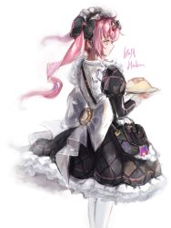 Rule 34 | 1girl, apron, artist name, bag, black ribbon, bow, cocoa (nikke), food, frills, from behind, goddess of victory: nikke, haakun, hair bow, hair ornament, highres, holding, holding plate, juliet sleeves, lolita fashion, long hair, long sleeves, maid, maid apron, maid headdress, multiple hair bows, omelet, omurice, pantyhose, petticoat, pink hair, plate, puffy sleeves, ribbon, satchel, sidelocks, simple background, solo, twintails, white background, white pantyhose, yellow eyes