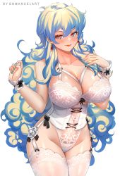Rule 34 | 1girl, aqua nails, artist name, bare shoulders, blonde hair, blue eyes, blue hair, blush, bra, breasts, cleavage, closed mouth, collarbone, commentary, corset, cowboy shot, earrings, english commentary, enma (enmanuelart), hair between eyes, hand up, highres, huge breasts, jewelry, lace, lace-trimmed bra, lace trim, legs together, lingerie, lips, long hair, looking at viewer, multicolored hair, nail polish, navel, nia teppelin, red lips, seductive smile, simple background, smile, solo, symbol-shaped pupils, tengen toppa gurren lagann, thighhighs, thighs, two-tone hair, underwear, very long hair, white background, white bra, white thighhighs