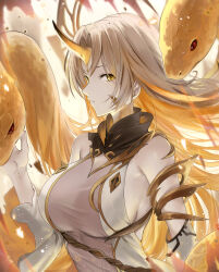 Rule 34 | 1girl, animal, blonde hair, breasts, closed mouth, commentary, detached sleeves, facial mark, fire emblem, fire emblem heroes, grey hair, gullveig (fire emblem), haru (nakajou-28), highres, horns, large breasts, long hair, looking at viewer, multicolored hair, nintendo, pale skin, single horn, snake, solo, two-tone hair, very long hair, yellow eyes