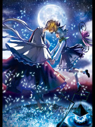 Rule 34 | 2girls, animal ears, bishamonten&#039;s pagoda, cloud, dancing, dress, field, flower, flower field, forehead-to-forehead, from side, full body, full moon, glowing, holding hands, heads together, height difference, jewelry, lake, looking at another, mikikoto hitsuji, moon, moonlight, multiple girls, nazrin, necklace, night, night sky, pendant, petals, pillarboxed, red dress, ribbon, shawl, short hair, skirt, skirt set, sky, star (sky), starry sky, tail, tail ornament, tail ribbon, toramaru shou, touhou, yuri