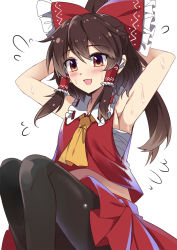 Rule 34 | 1girl, armpits, arms up, ascot, bare arms, black pantyhose, bow, brown eyes, brown hair, commentary request, e.o., exercising, flying sweatdrops, hair bow, hair tubes, hakurei reimu, highres, open mouth, pantyhose, red bow, red shirt, red skirt, sarashi, shirt, simple background, sit-up, sitting, skirt, sleeveless, sleeveless shirt, smile, solo, thighs, touhou, white background, yellow ascot