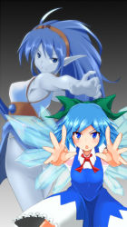 Rule 34 | 00s, 2girls, armpits, bad id, bad pixiv id, blue eyes, blue hair, blue skin, bow, celsius, celsius (tales), cirno, colored skin, crossover, dress, headband, multiple girls, panties, pointy ears, power connection, tales of (series), tales of eternia, touhou, underwear, youhei (testament)