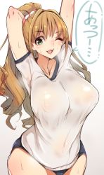 Rule 34 | 10s, 1girl, arms behind head, arms up, bad id, bad pixiv id, blush, breasts, brown hair, buruma, commentary request, curvy, green eyes, gym uniform, high ponytail, hino akane (idolmaster), huge breasts, idolmaster, idolmaster cinderella girls, kamaboko (ossann0125), long hair, looking at viewer, no bra, one eye closed, open mouth, ponytail, see-through, shirt, smell, smile, solo, stretching, sweat, wet, wet clothes, wide hips