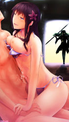 Rule 34 | 1boy, 2girls, bad id, bad pixiv id, bikini, bikini pull, breast press, breasts, breasts out, censored, clothes pull, cum, cum on body, cum on stomach, fate/grand order, fate (series), flower, glowing, glowing eyes, green hair, hair flower, hair ornament, highres, horns, kiyohime (fate), kiyohime (fate/grand order), kiyohime (swimsuit lancer) (fate), large breasts, long hair, mosaic censoring, multiple girls, navel, nevius, nipples, penis, purple bikini, purple hair, red eyes, scathach (fate), scathach (fate/grand order), scathach (swimsuit assassin) (fate), side-tie bikini bottom, smile, swimsuit, torn clothes, twitter username, yellow eyes